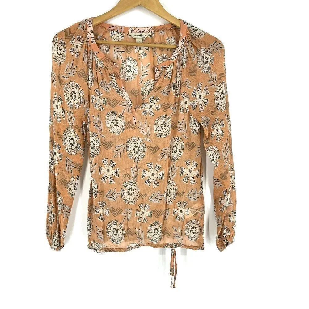 Lucky Brand Top Size Small Women Coral Silk Riviera Floral Print Peasant Sheer